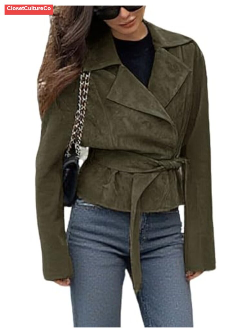 Faux Suede Wrap Coat Cropped Belted Jacket with Notch Collar